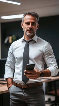 Middle aged Hispanic business manager ceo using cell phone mobile app, laptop. Smiling Latin or Indian mature man businessman holding smartphone sit in office working online on gadget with copy space.