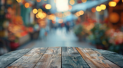 Aufkleber - Empty table top with marketplace blurred defocused, bokeh light. Backdrop for display or montage products, bright, colorful. Generative AI.