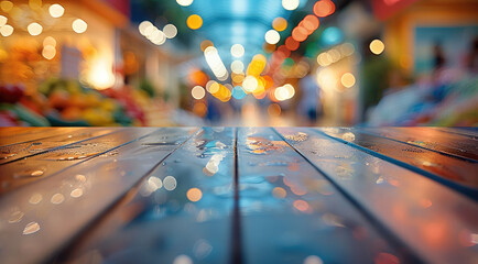 Aufkleber - Empty table top with marketplace blurred defocused, bokeh light. Backdrop for display or montage products, bright, colorful. Generative AI.