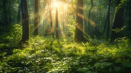 Poster - The lush green forest with the sun filtering through the trees, the vibrant ecosystem, and the beautiful scenery of nature. Generative AI.