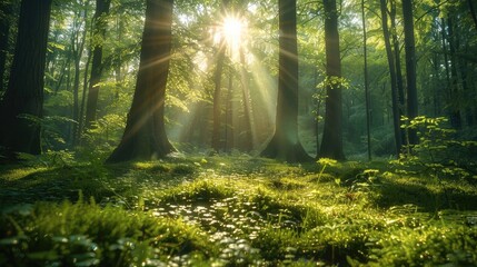 Poster - The lush green forest with the sun filtering through the trees, the vibrant ecosystem, and the beautiful scenery of nature. Generative AI.