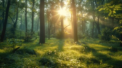 Poster - The lush green forest with the sun filtering through the trees, the vibrant ecosystem, and the beautiful scenery of nature. Generative AI.