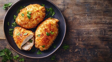 Wall Mural - Delicious chicken Cordon Bleu cutlet displayed from above on a rustic table, emphasizing its golden coating and savory filling, with space for text