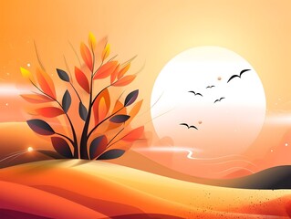 Canvas Print - Autumn Landscape With Sun and Birds.