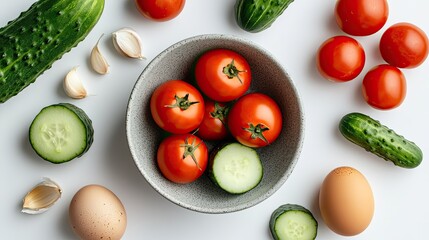 Flat lay of fresh tomatoes, cucumbers, garlic, and two eggs in a gray bowl, with additional vegetables scattered around on a white surface