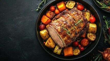 Wall Mural - Overhead shot of a bowl of succulent roast pork and assorted vegetables on a dark grey table, perfect for emphasizing a savory dish with text space