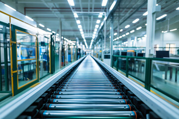 Poster - Empty conveyor belt is steadily moving through a state of the art automated high tech factory, showcasing the advanced manufacturing processes and industrial technology in action
