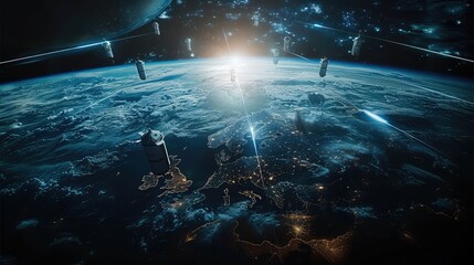 Fototapete - In near-Earth orbit, multiple communications satellites move around the Earth, with the Earth at the bottom of the frame, occupying one-third of the frame. Generative AI.
