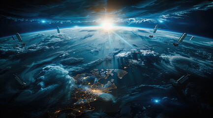 Aufkleber - In near-Earth orbit, multiple communications satellites move around the Earth, with the Earth at the bottom of the frame, occupying one-third of the frame. Generative AI.