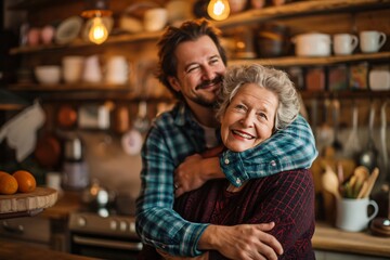 Wall Mural - Adult son is hugging his smiling senior mother in their kitchen while they both look at the camera