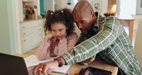 Poster - Father, girl and laptop for teaching, help and development in home with support, video and online class. Man, student and tech for study, elearning and growth in house with app and education