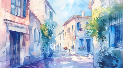 Charming Watercolor Village Street, Pastel Colors and Soft Light, Tranquil European Townscape