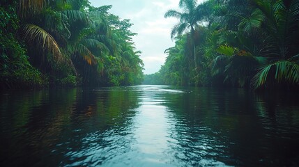 Wall Mural - Tropical river surrounded by a lush forest. Costa Rica landscape