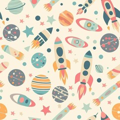 Wall Mural - whimsical seamless pattern with pastel space rockets and planets