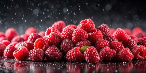 Lot of ripe red fresh Raspberries with droplets of water on dark background, Raspberries, fresh, ripe, red