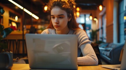 Poster - Young woman with focused expression working on her laptop in a cozy cafe. Atmospheric lighting and modern interior enhance productivity. 