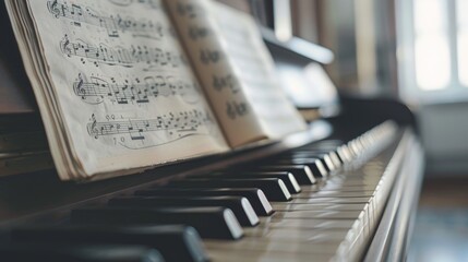 An open music sheet rests on a piano, ready to guide the musician's fingers across the keys in melodious harmony.