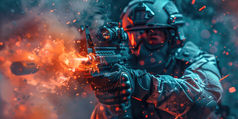 Poster - A soldier holding a gun with flames at the muzzle. Sci-fi background, cool toned. Generative AI.