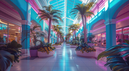 Aufkleber - Bright and happy mall, blue and pink colors, bold colors, palm trees, plants, symmetrically placed plants. Generative AI.