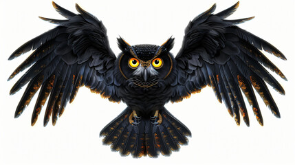 Poster - Beautiful owl with black and gold feathers is spreading its wings while flying