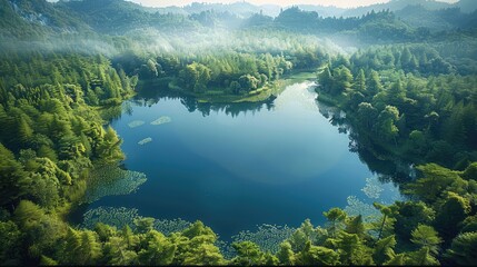 Aufkleber - Primeval forests, calm lakes. Aerial high view. Generative AI.