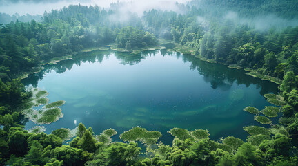 Aufkleber - Primeval forests, calm lakes. Aerial high view. Generative AI.