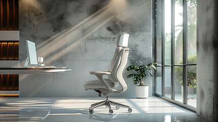 Poster - Bright room, clear light and shadow, a table in front of the window, a gray office chair in front of the table, gray and white color scheme, structural wall, mesh seat. Generative AI.