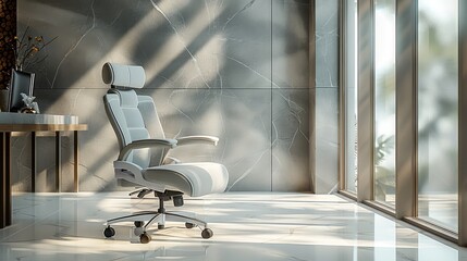 Poster - Bright room, clear light and shadow, a table in front of the window, a gray office chair in front of the table, gray and white color scheme, structural wall, mesh seat. Generative AI.