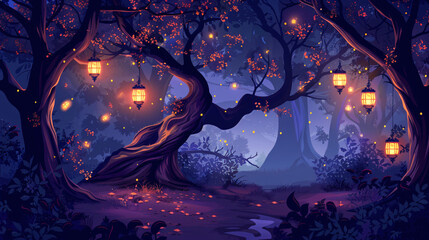 Poster - Magical woodland scene with glowing lanterns hanging from trees at dusk, creating a whimsical atmosphere