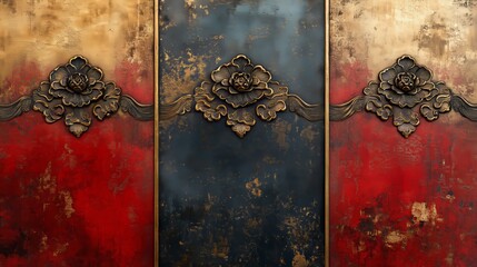 Wall Mural - Decorative wall art showcases three panels with ornate floral designs in rich colors and subtle textures