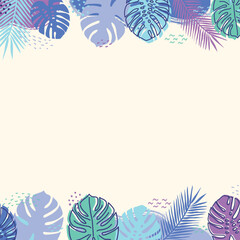 Wall Mural - Card with colourful hand drawn tropical leaves. Summer background. Vector illustration