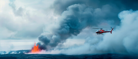 A helicopter navigates through smoke as a volcano erupts, showcasing the power of nature and emergency response in dramatic landscapes.