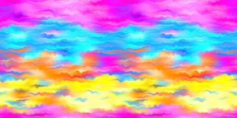 Wall Mural - Modern rainbow blur summer seamless border pattern for a funky hippy mood. Wavy blur bleed melt ink banner edging effect in vibrant gradient tie dye colors. 