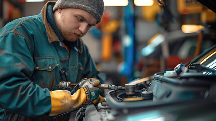Poster - In an outdoor shop, a car mechanic opening the hood of a car with one hand and holding a dust gun attached to a spring-loaded rubber air pipe with the other. Generative AI.