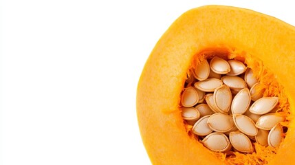 Wall Mural - Close-up of a butternut squash half, focusing on the cavity with seeds and the smooth flesh. Isolated against a crisp white background