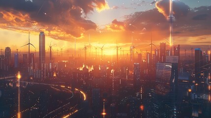 Aufkleber - A futuristic city skyline with towering wind turbines and solar panels, a sky painted with hues of sunset. Generative AI.