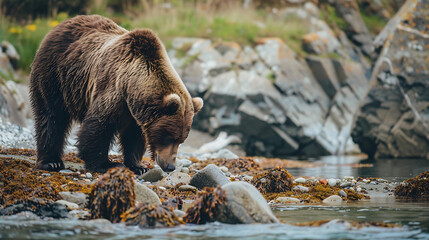 A brown bear, on a rocky shore, with brown, green, and grey colors,  captures the wildness and beauty of nature. 