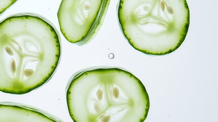 Wall Mural - Close-up of a cucumber sliced lengthwise, revealing the watery interior and seeds. The vibrant green contrasts against a white background