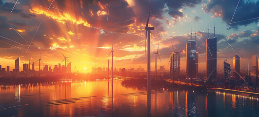 Aufkleber - A futuristic city skyline with towering wind turbines and solar panels, a sky painted with hues of sunset. Generative AI.