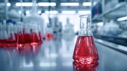 Poster - Modern laboratory setting with a focus on a glass beaker containing a vibrant red liquid on a clean. Generative AI.