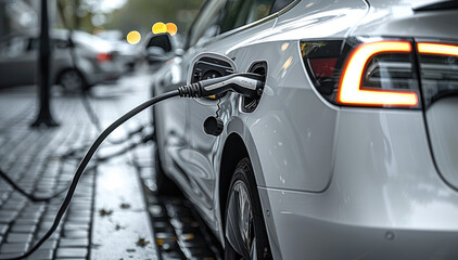 Sticker - EV car in charge with EV charging plug, white color theme. close-up shot. Generative AI.