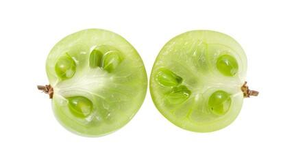 Fresh cranberries cut in half, displaying vibrant red flesh and juicy interior. Isolated on a white background, showcasing the fruit's texture