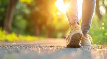 Closeup of feet walking on a path in a sunny park.