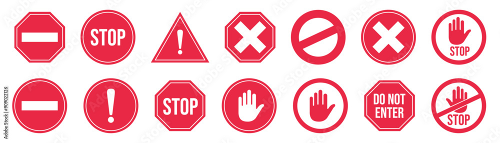 Set stop red sign icon with white hand, do not enter. Warning stop sign ...