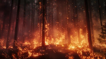 Poster - Bright flames engulf trees in a forest, creating a dramatic display of fire and smoke at dusk as ash fills the air. Generative AI