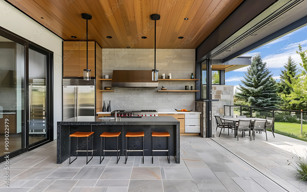 Modern kitchen island with black granite countertop, brown leather bar ...