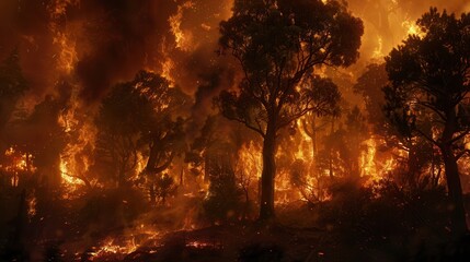 Poster - Bright flames devour the forest, consuming trees as dark smoke billows into the sky, signaling destruction and chaos in the wilderness. Generative AI