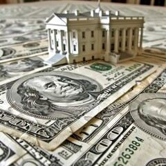 A miniature model of the White House placed on a large stack of US dollar bills, symbolizing wealth and governance.