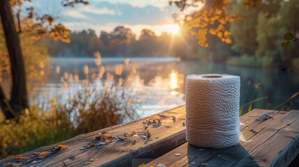 Roll of cleaning paper on a picnic table outdoors, with a scenic park or forest in the background.