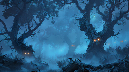 Poster - Spooky dark blue woods shrouded in fog with ancient gnarled trees glowing with eerie light